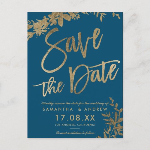 Gold typography floral ocean blue save the date announcement postcard