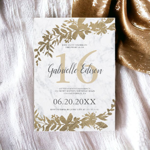 Gold typography Floral white marble Sweet 16 Invitation