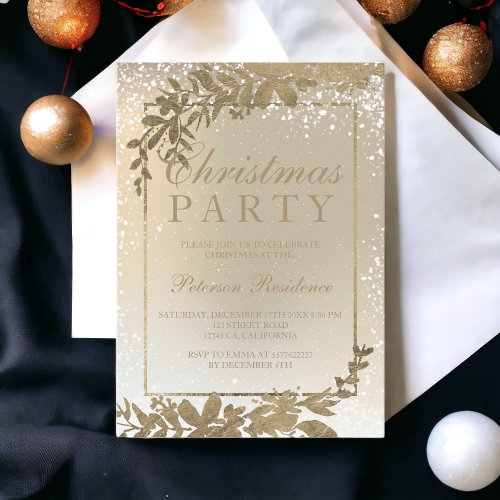 Gold typography Foliage leaf snow Christmas Invitation