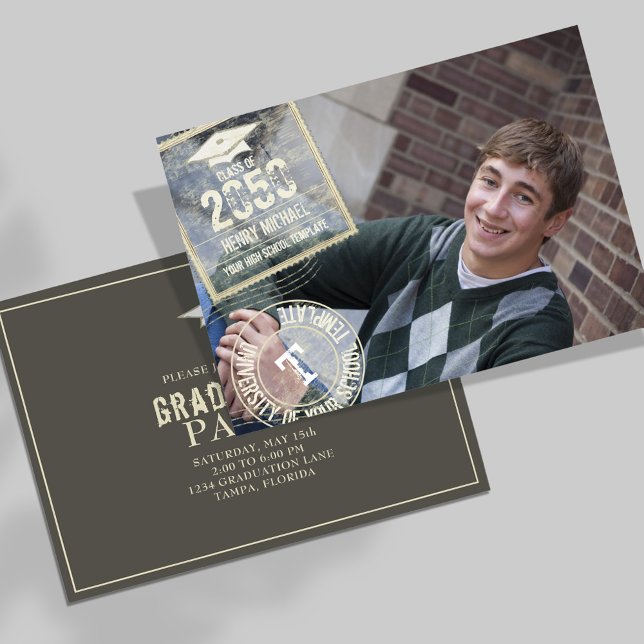 Gold Typography Graduation Photo Design Invitation (Gold typography graduation card with bold lettering and stylish portrait layout.)
