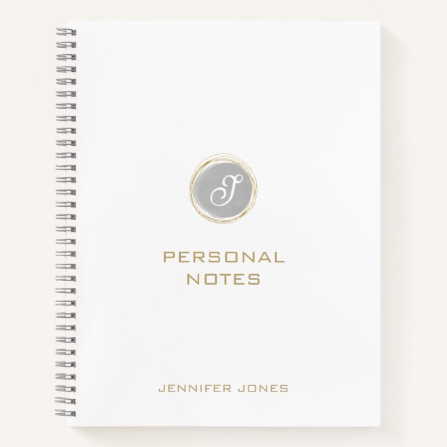 Gold Typography Gray Watercolor Monogram Name Notebook (Front)