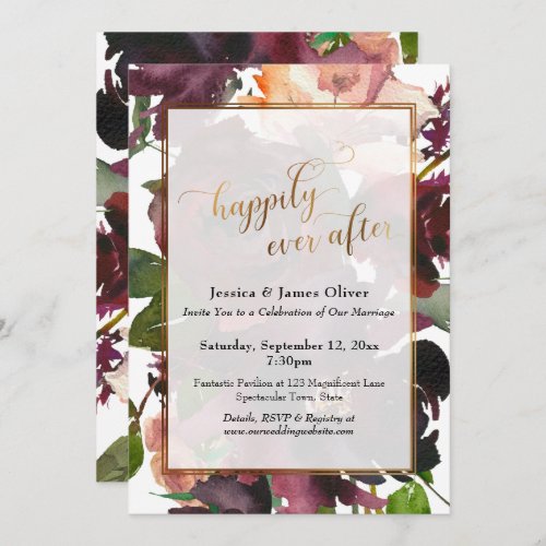 Gold Typography Happily Ever After Burgundy Floral Invitation