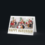 Gold Typography Happy Hanukkah Photo Collage Holiday Card<br><div class="desc">Happy Hanukkah! Customizable Happy Hanukkah photo collage card featuring gold simple typography and snow pattern. Personalize by adding three photos,  names,  year and other details. This modern Hanukkah card is available in other colors and cardstock.</div>