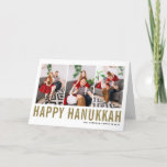 Gold Typography Happy Hanukkah Photo Collage Holiday Card<br><div class="desc">Happy Hanukkah! Customizable Happy Hanukkah photo collage card featuring gold simple typography and snow pattern. Personalize by adding three photos,  names,  year and other details. This modern Hanukkah card is available in other colors and cardstock.</div>