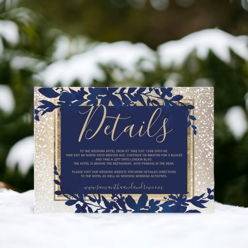gold typography leaf blue snow winter details enclosure card