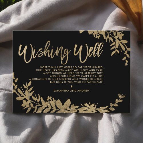 Gold typography leaf floral black wishing well enclosure card