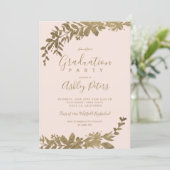 Gold typography leaf floral blush photo graduation invitation (Standing Front)