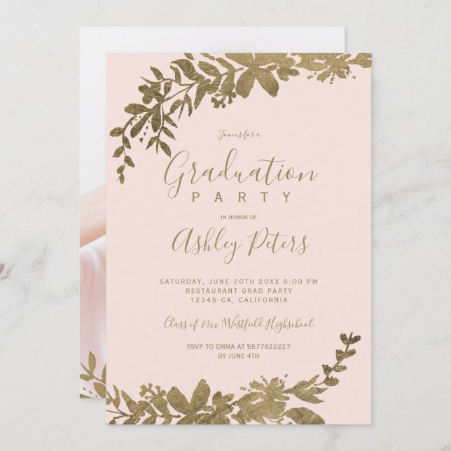 Gold typography leaf floral blush photo graduation invitation (Front/Back)