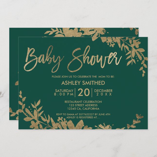 Gold typography leaf floral green baby shower invitation (Front/Back)