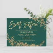 Gold typography leaf floral green sweet 16 invitation (Standing Front)