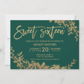 Gold typography leaf floral green sweet 16 invitation (Front)