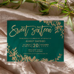 Gold typography leaf floral green sweet 16 invitation<br><div class="desc">Gold typography leaf floral emerald green chic sweet 16 birthday with hand painted foliage sweet sixteen birthday party. The emerald green color background is fully customizable.</div>