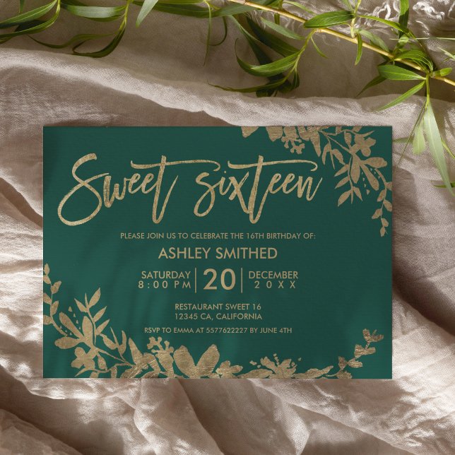 Gold typography leaf floral green sweet 16 invitation