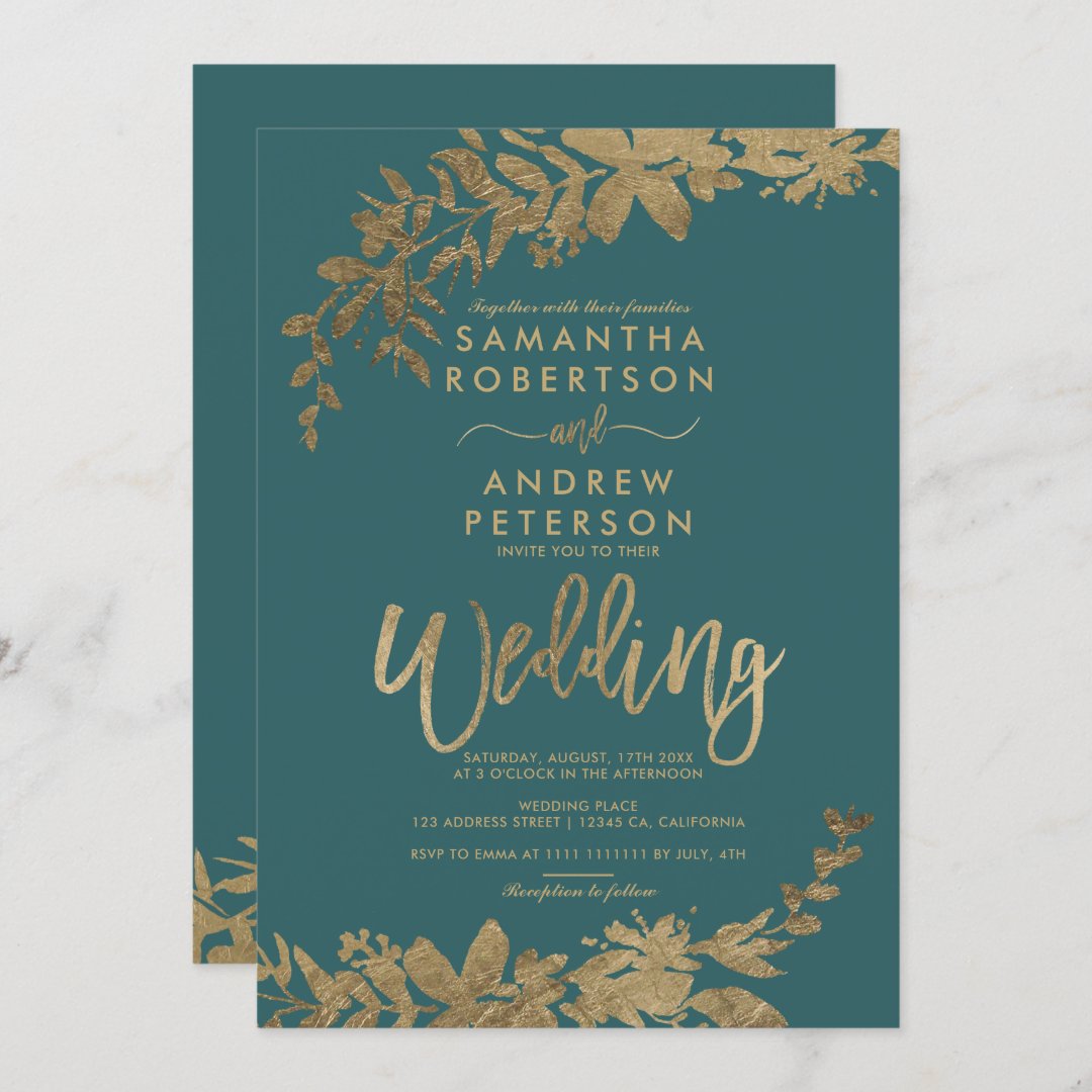 Gold typography leaf floral green teal wedding invitation | Zazzle