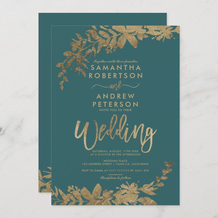 Gold typography leaf floral green teal wedding invitation | Zazzle