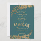 Gold typography leaf floral green teal wedding invitation (Front)