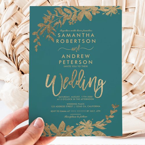 Gold typography leaf floral green teal wedding invitation