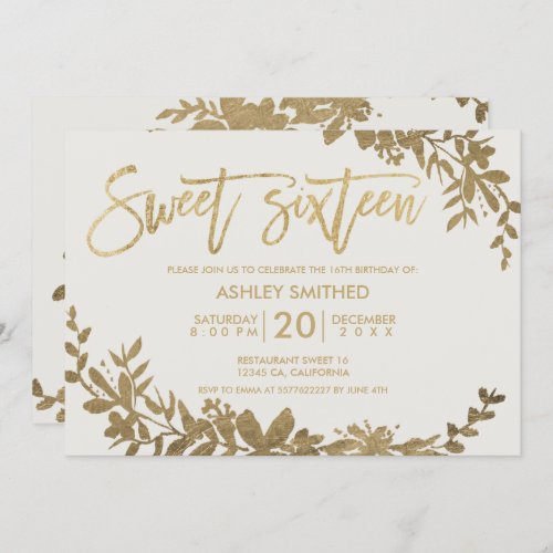 Gold typography leaf floral ivory sweet 16 invitation