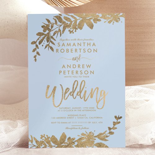 Gold typography leaf floral teal blue wedding invitation