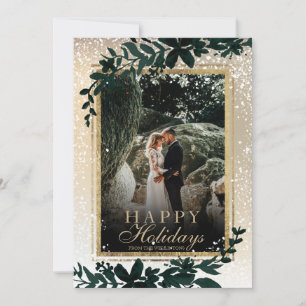 gold typography leaf snow chic Christmas photo Holiday Card