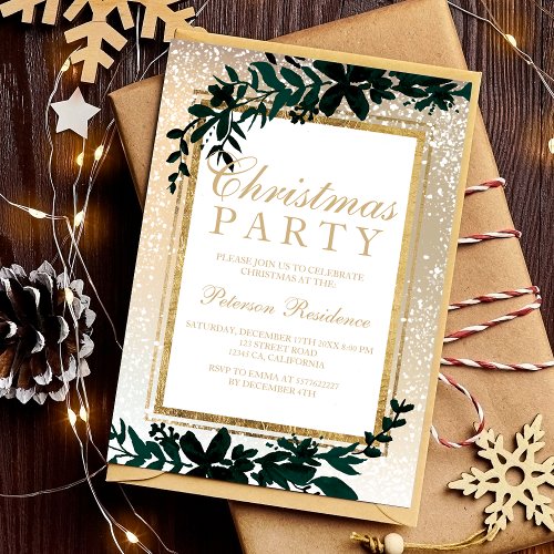 gold typography leaf snow elegant chic Christmas Invitation