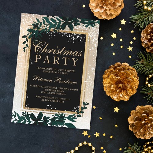 gold typography leaf snow elegant chic Christmas Invitation