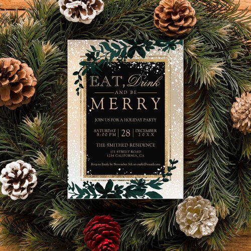 gold typography leaf snow elegant eat Christmas Invitation
