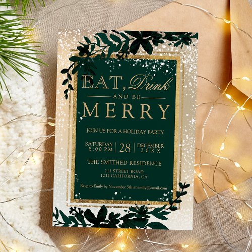 gold typography leaf snow elegant eat Christmas Invitation