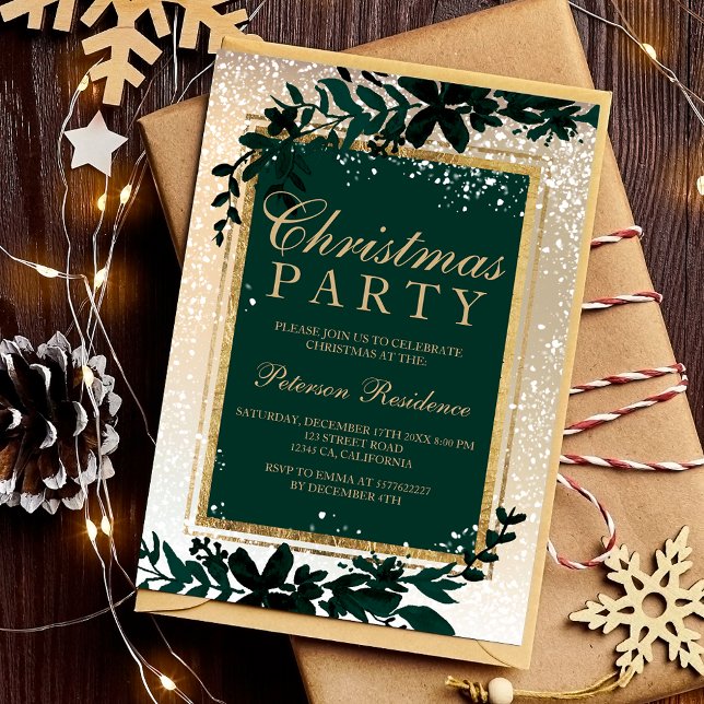 gold typography leaf snow elegant green Christmas Invitation (gold typography leaf snow elegant green Christmas Invitation)