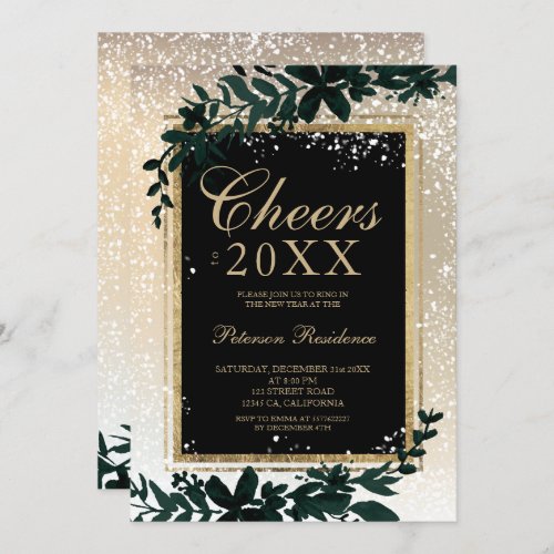gold typography leaf snow elegant New Year Cheers Invitation