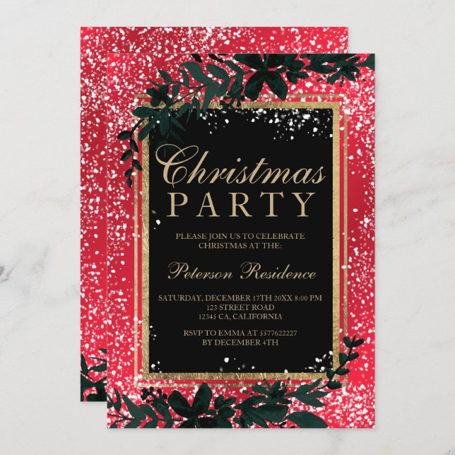 gold typography leaf snow elegant red Christmas Invitation (Front/Back)