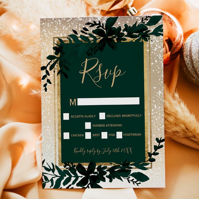 gold typography leaf snow elegant winter RSVP card (gold typography leaf snow elegant winter RSVP card)
