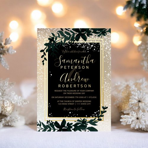 gold typography leaf snow elegant winter wedding foil holiday card