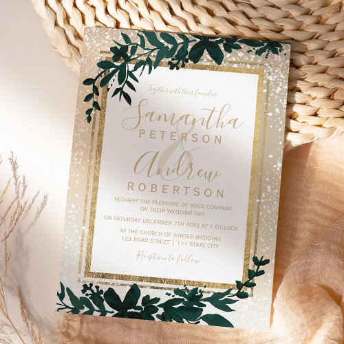 gold typography leaf snow elegant winter wedding invitation
