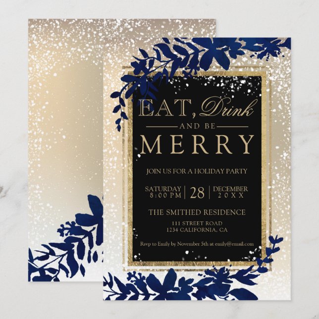 gold typography leaf snow navy eat Christmas Invitation (Front/Back)