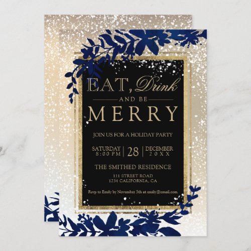 gold typography leaf snow navy eat Christmas Invitation