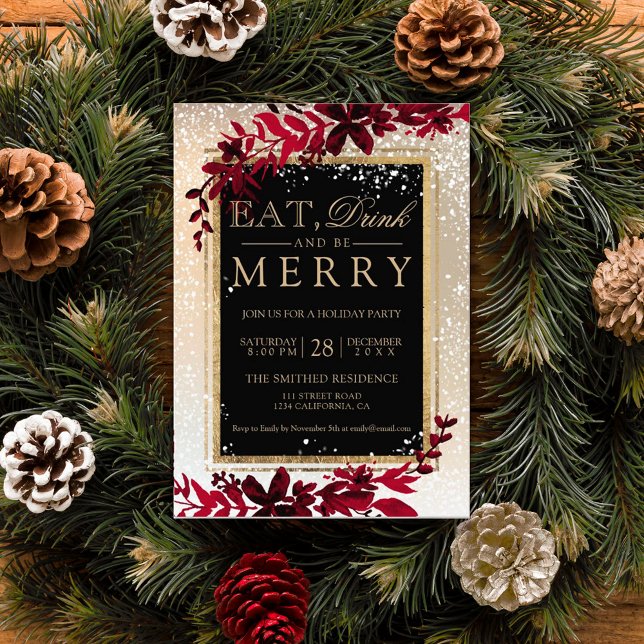 gold typography leaf snow red eat Christmas Invitation (Creator Uploaded)