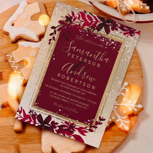 gold typography leaf snow red winter wedding invitation