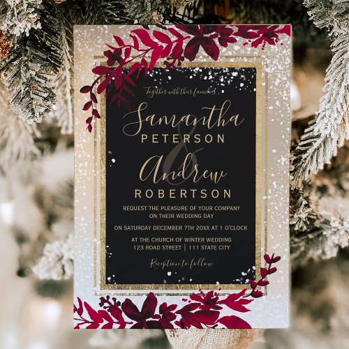 gold typography leaf snow red winter wedding invitation
