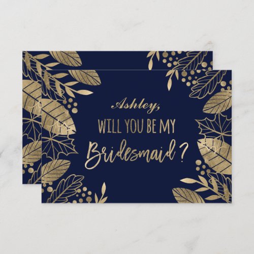 Gold typography leaves navy blue be my bridesmaid invitation