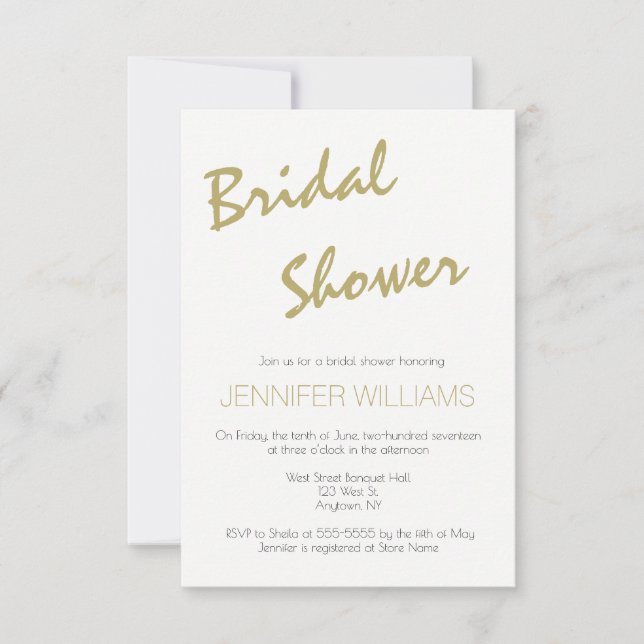 Gold typography modern bridal shower invitations (Front)