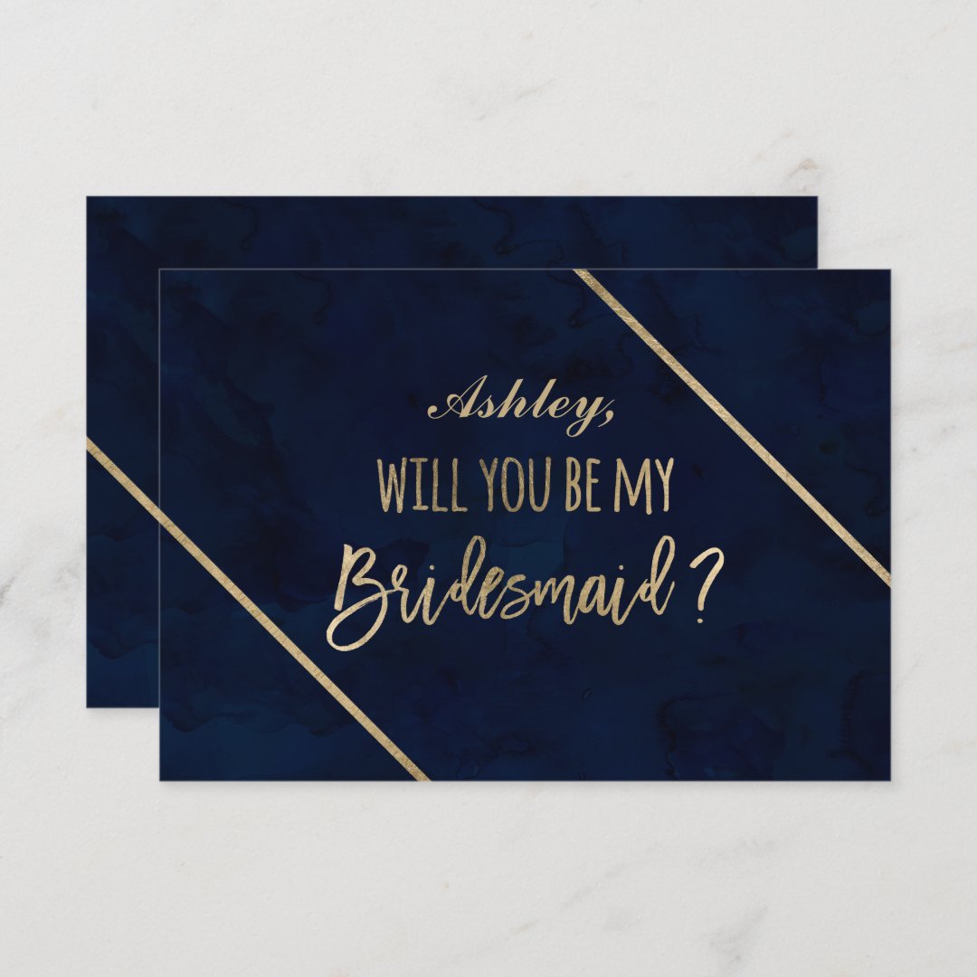 Gold typography navy blue be my bridesmaid invitation | Zazzle