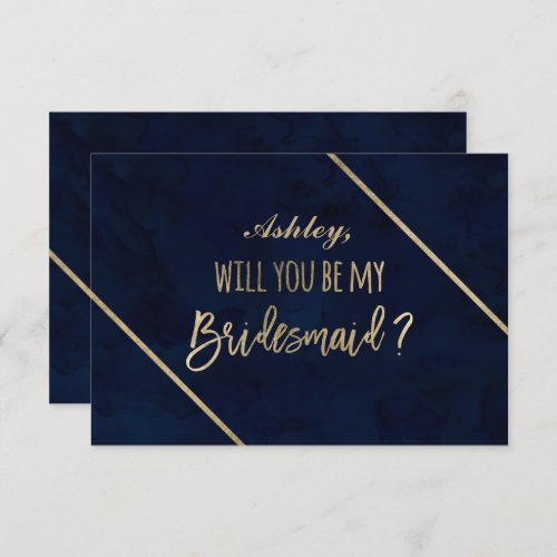 Gold typography navy blue be my bridesmaid invitation