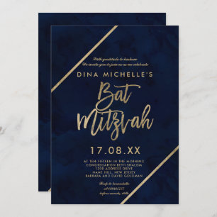 Gold typography navy blue watercolor Bat Mitzvah Invitation
