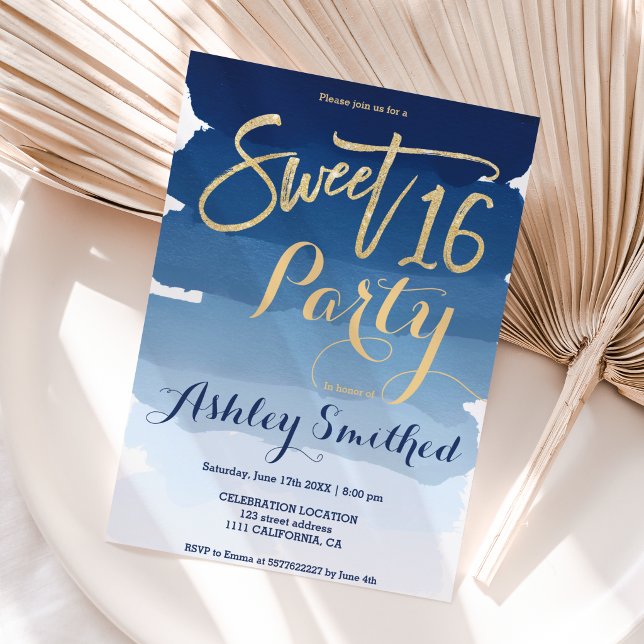 Gold typography navy blue watercolor Sweet 16 Invitation