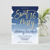Gold typography navy blue watercolor Sweet 16 Invitation (Standing Front)