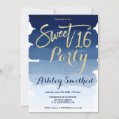 Gold typography navy blue watercolor Sweet 16 Invitation (Front)