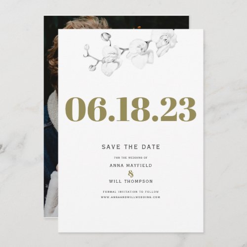 Gold Typography Orchid Photo Wedding Save Date Invitation