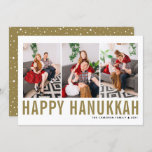 Gold Typography Photo Collage Happy Hanukkah Holiday Card<br><div class="desc">Happy Hanukkah! Customizable Happy Hanukkah photo collage flat card featuring gold simple typography and snow pattern. Personalize by adding three photos,  names,  year and other details. This modern Hanukkah flat card is available in other colors and cardstock.</div>