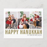 Gold Typography Photo Collage Happy Hanukkah Holiday Postcard<br><div class="desc">Happy Hanukkah! Customizable Happy Hanukkah photo collage postcard featuring gold simple typography and snow pattern. Personalize by adding three photos,  names,  year and other details. This modern Hanukkah postcard is available in other colors and cardstock.</div>